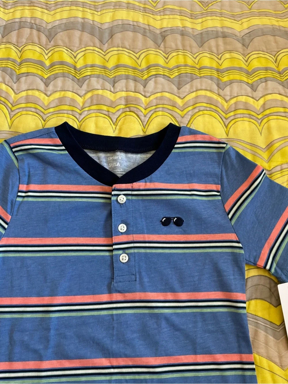 Carter's Boys' Blue Stripe Henley Tee with Sunglasses Detail | NWT